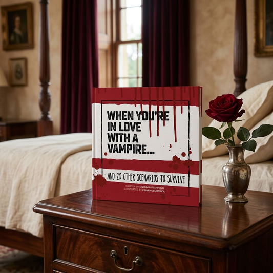 When You're in Love With a Vampire book displayed on an antique bedside chest with a red rose in a traditional country house bedroom