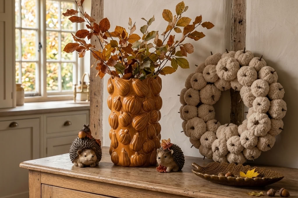 Autumn Home pumpkin decor and seasonal accessories styled in a warm English country interior