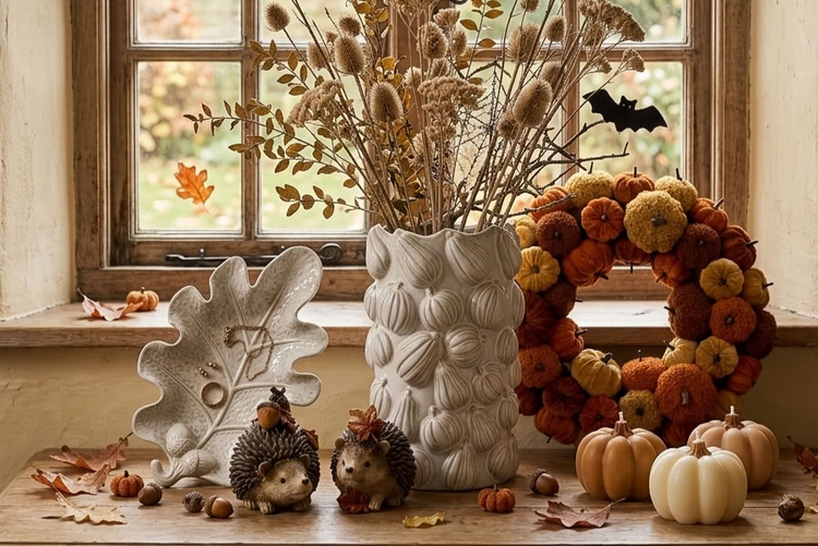 Autumn and Halloween homeware, decorations and seasonal accessories styled in a country home