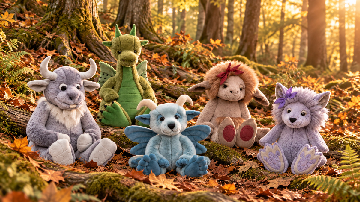 Monster Cuddles dragons, trolls and mythical soft toys in an autumn woodland