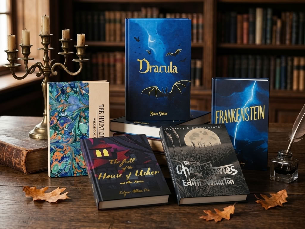 Halloween Reading collection of Gothic books and spooky literary gifts in a traditional library
