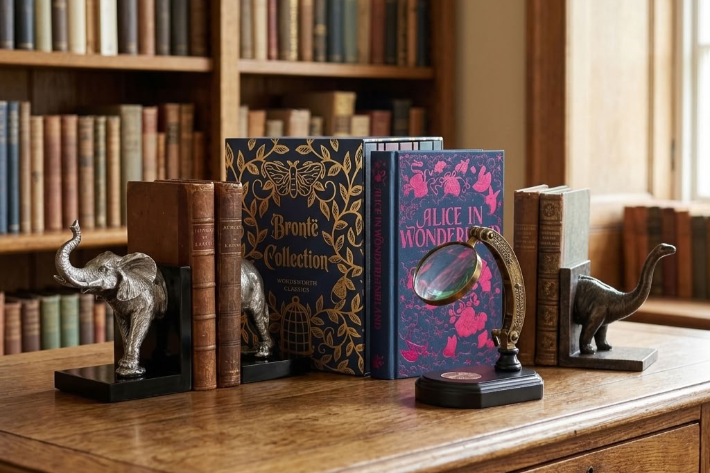Books, bookends and reading gifts styled in a traditional country house library