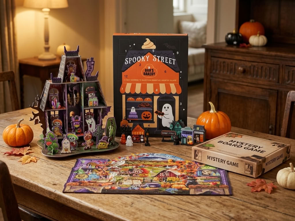 Halloween Fun & Games collection with spooky games, puzzles and activities styled for a cosy autumn evening