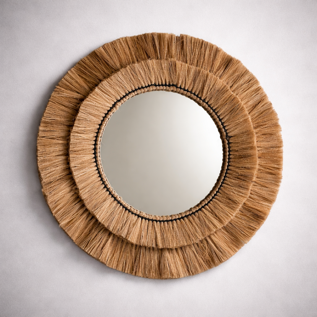 Natural Raffia Coastal Fringe Wall Round Mirror - Boho by Vintage-Electrical