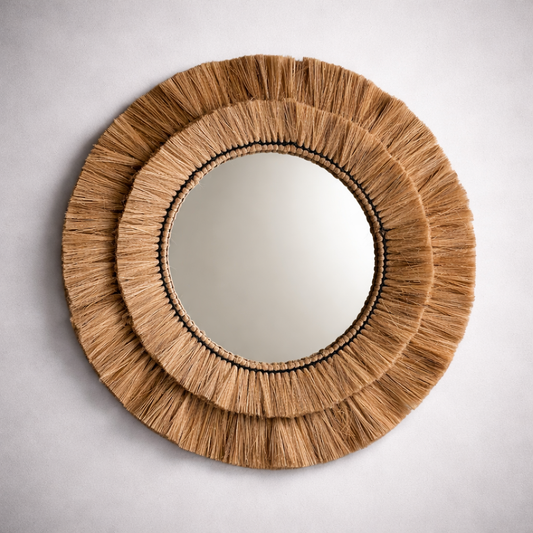 Natural Raffia Coastal Fringe Wall Round Mirror - Boho by Vintage-Electrical