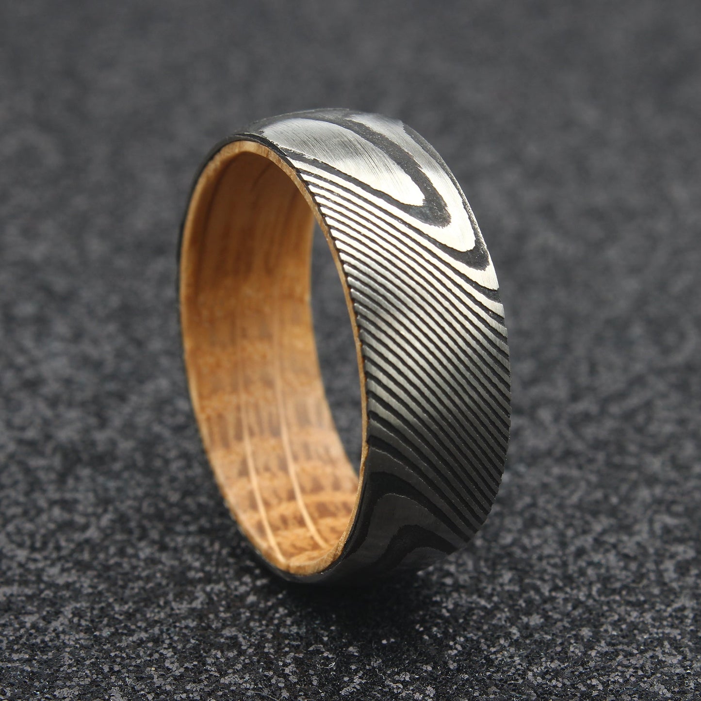 The Centaurus - 8mm Damascus Steel & Whisky Barrel Wood Ring by Nord London