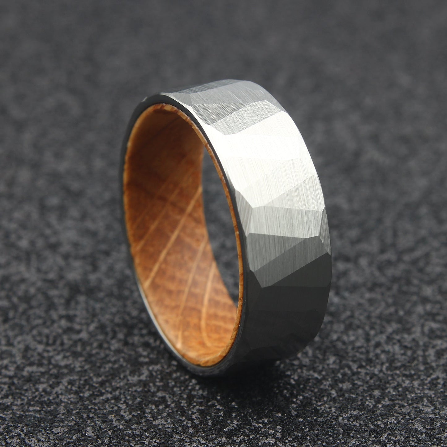 The Leo - 8mm Brushed Hammered Tungsten & Whisky Barrel Wood Ring by Nord London