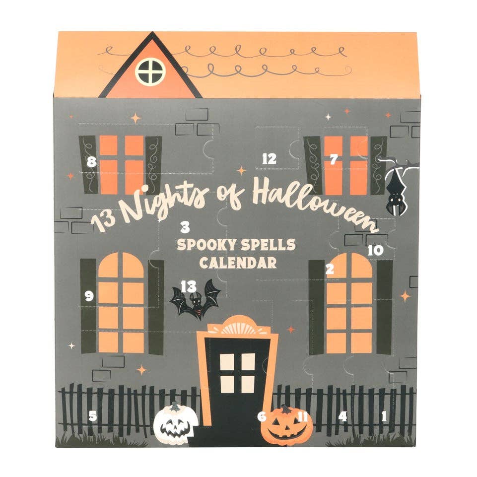13 Nights of Halloween Spooky Spells advent calendar with illustrated haunted house design