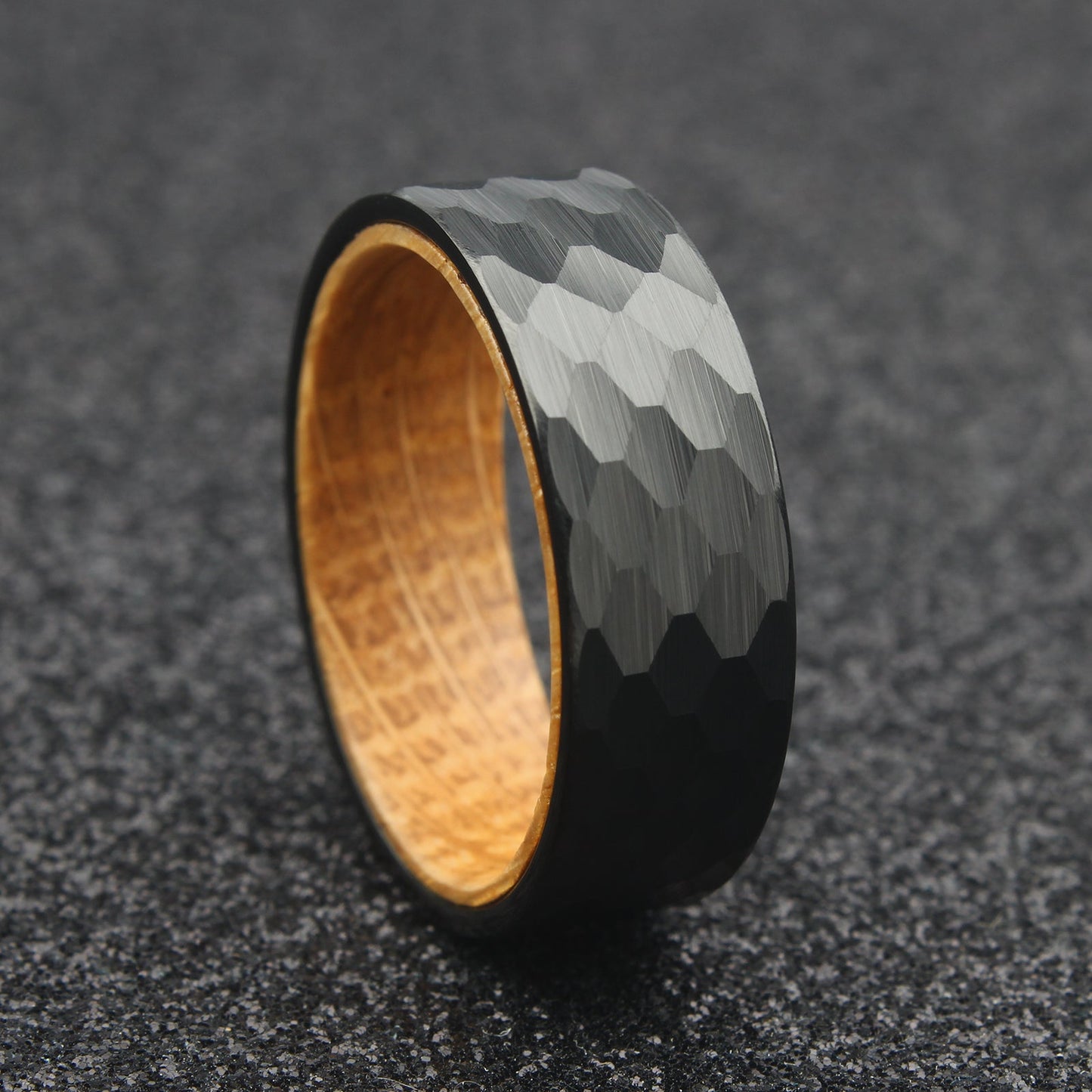 The Aquila - 8mm Hammered Brushed Black Tungsten & Whisky Barrel Wood Ring by Nord London