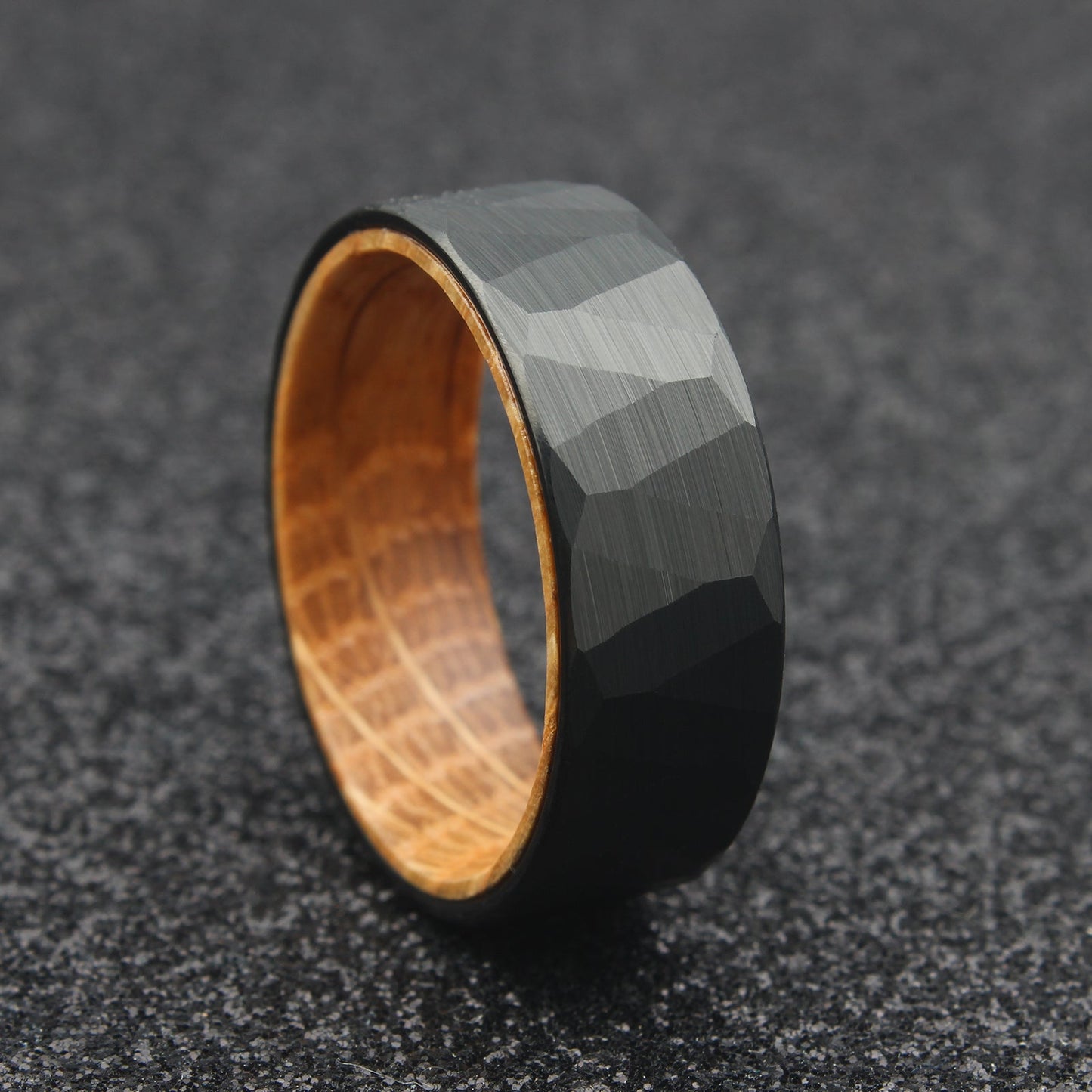 The Vega - 8mm Black Brushed Hammered Tungsten & Whisky Barrel Wood Ring by Nord London