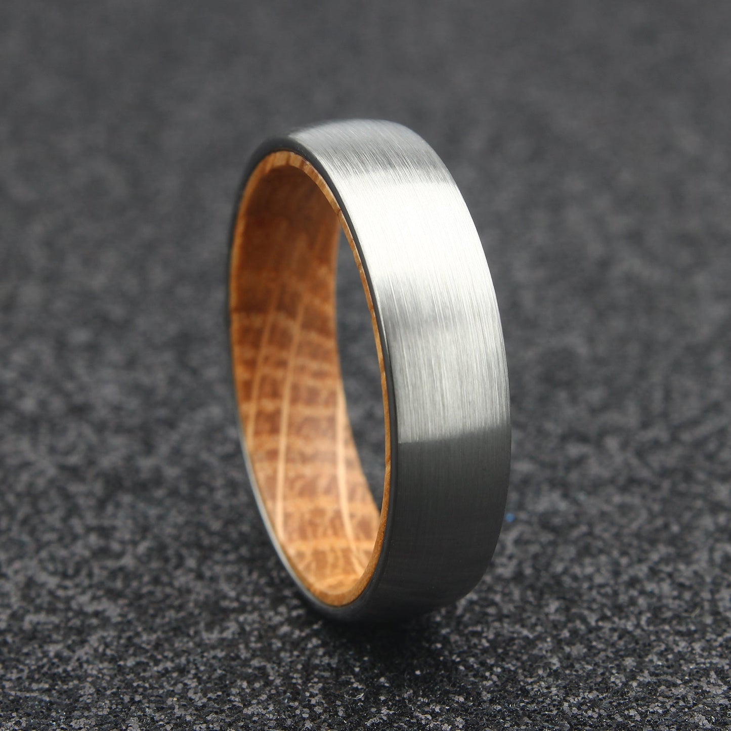 The Sirius - 6mm Brushed Tungsten & Whisky Barrel Wood Ring by Nord London