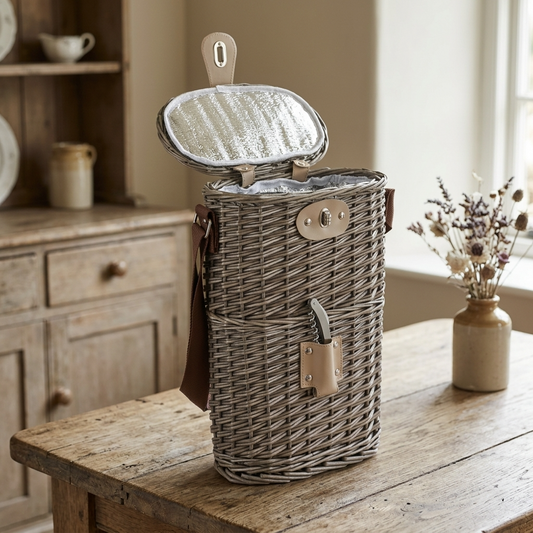 2 Bottle Chilled Carry Basket with open insulated lid styled on a wooden table in a country home