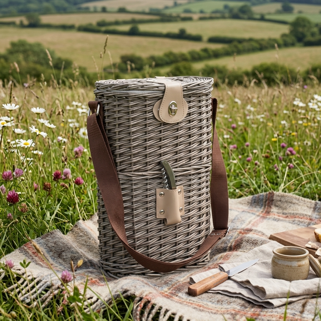 2 Bottle Chilled Carry Basket styled for a countryside picnic with rolling fields in the background