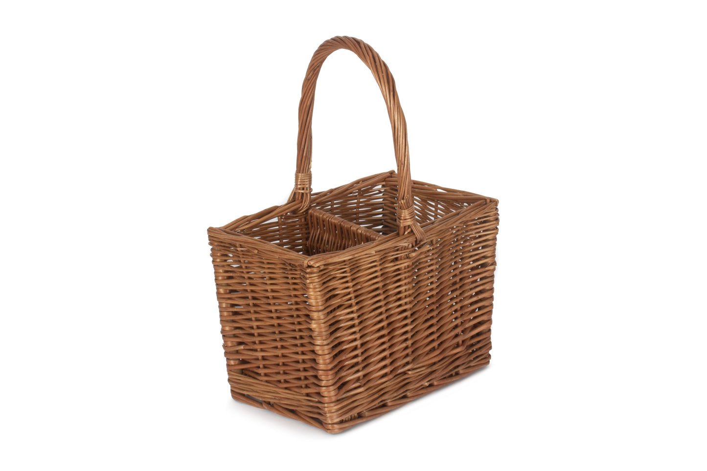 Angled view of the 2 bottle willow wine carrier showing the natural willow construction and integrated handle.