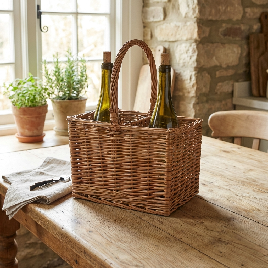 2 bottle willow wine carrier holding two bottles on a rustic kitchen table in a country-style home.