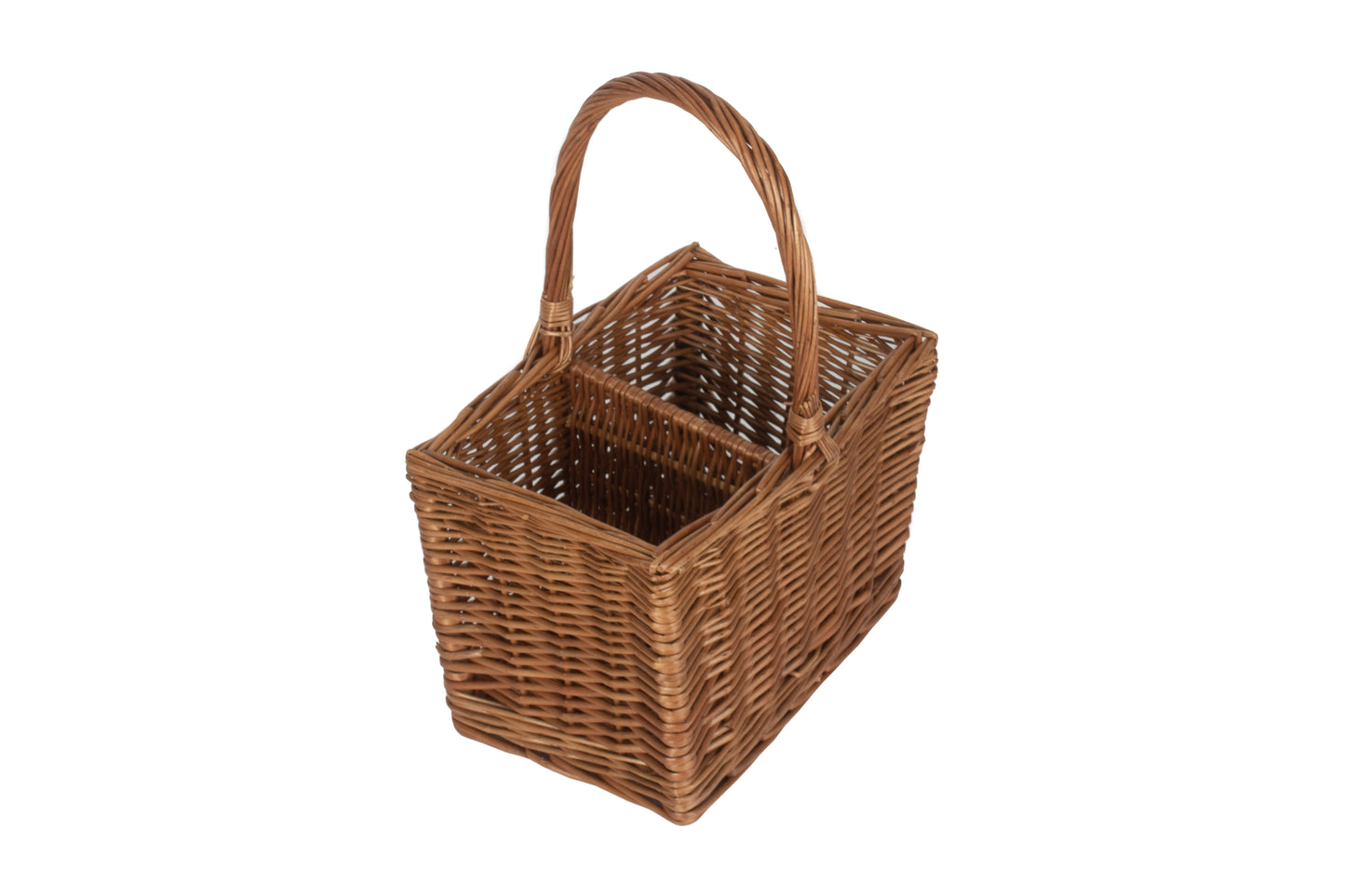 Open view of the 2 bottle willow wine carrier showing the two separate bottle compartments.