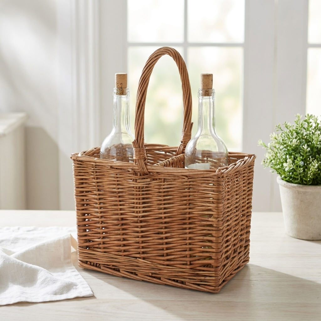 2 bottle willow wine carrier displayed in a bright home interior, showing the central handle and divided basket design.