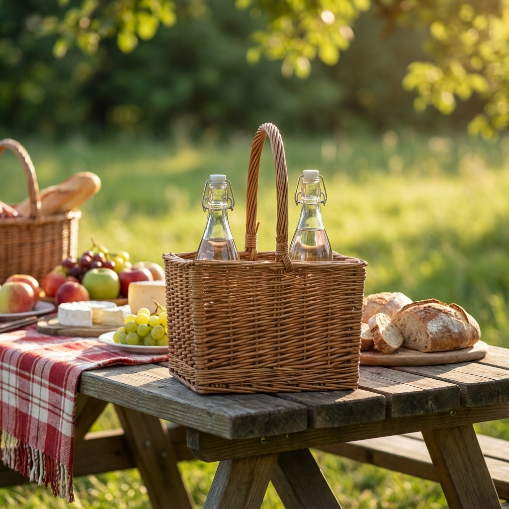 2 bottle willow wine carrier styled on an outdoor dining table for picnics and garden entertaining.