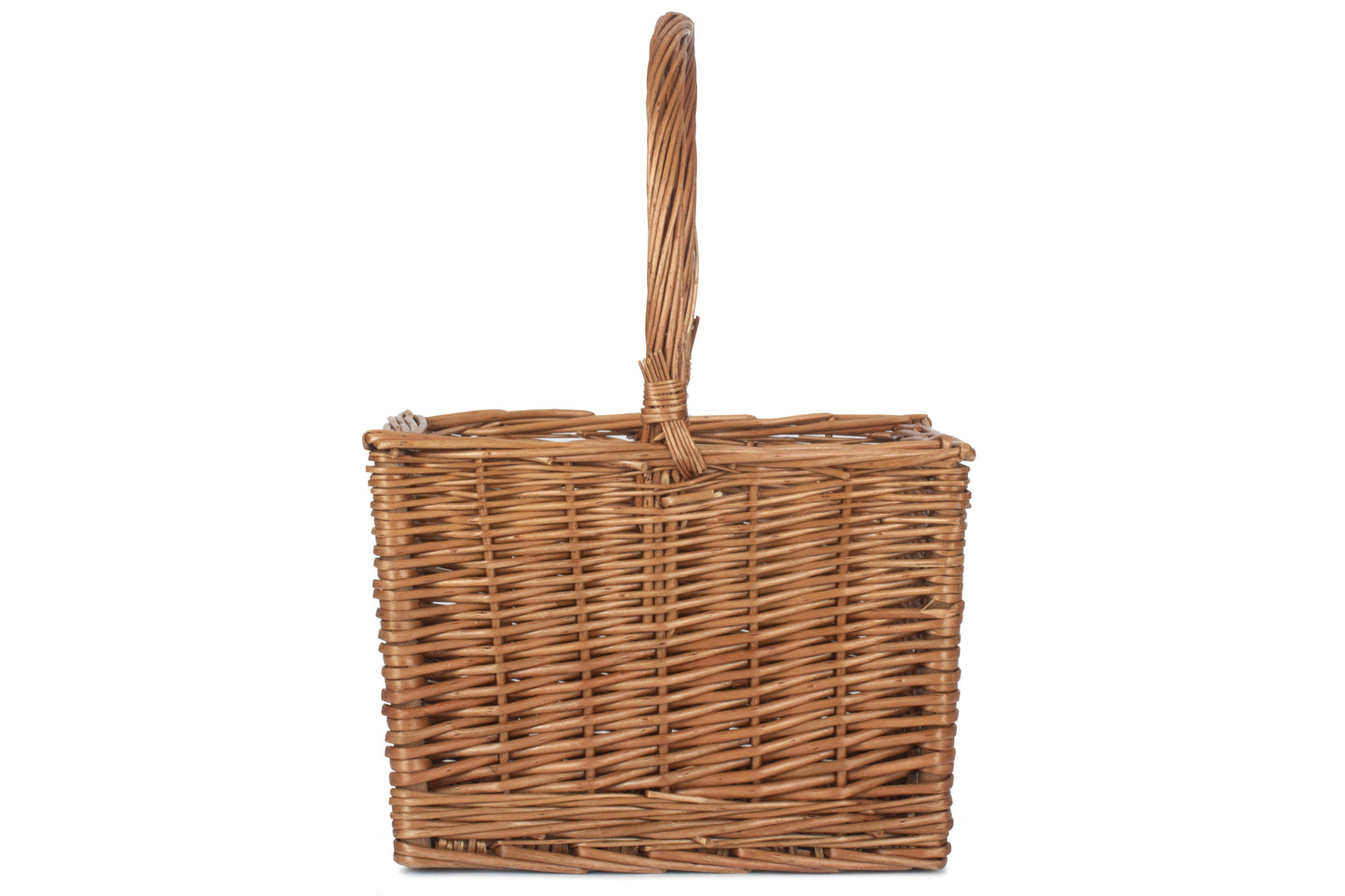 Side view of the 2 bottle willow wine carrier showing its woven willow construction and tall central handle.