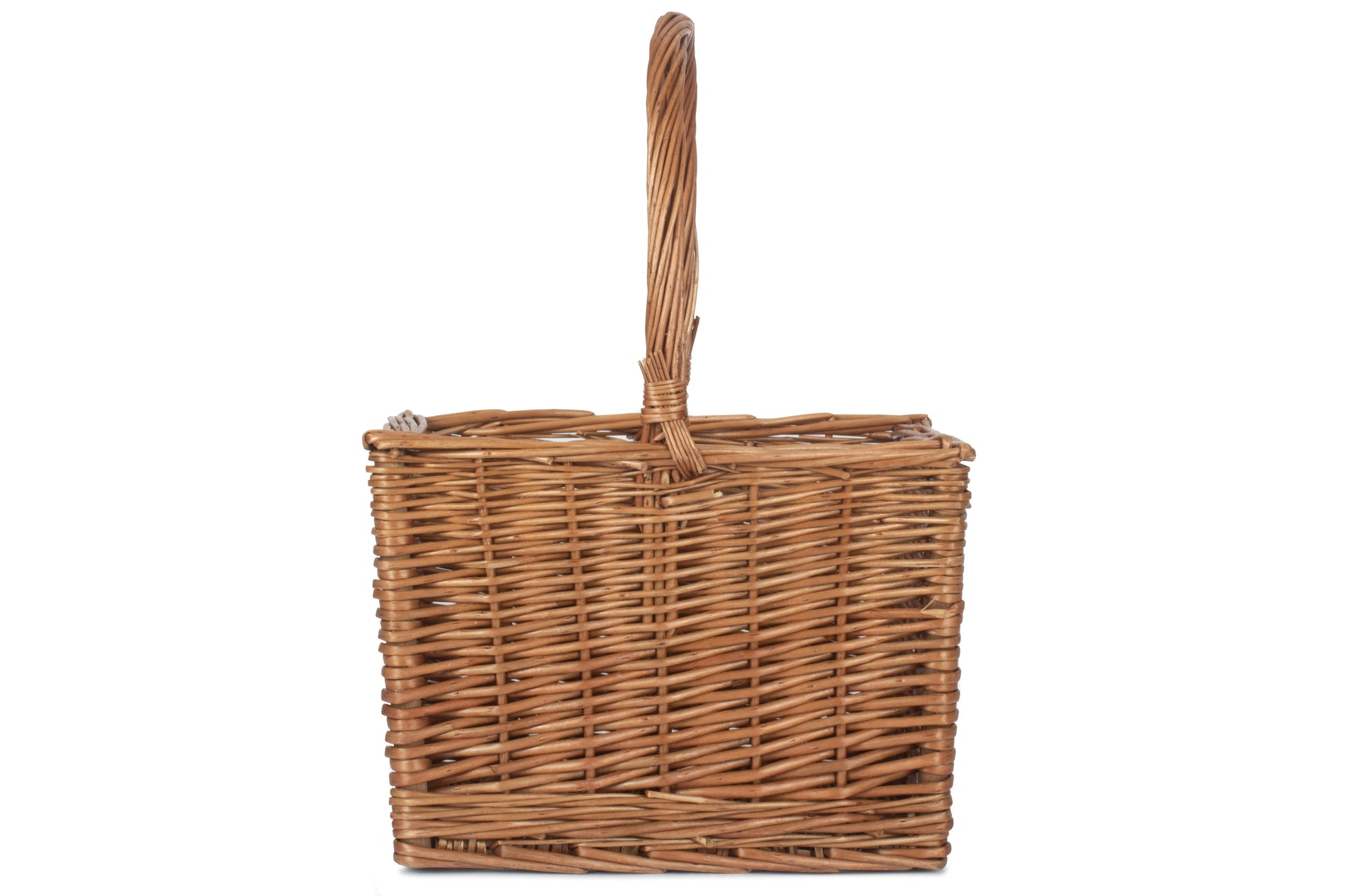 Side view of the 2 bottle willow wine carrier showing its woven willow construction and tall central handle.