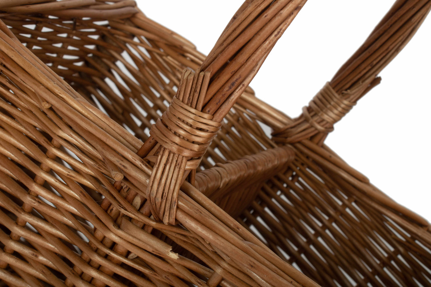 Close-up of the 2 bottle willow wine carrier showing the natural woven willow construction and handle detail.