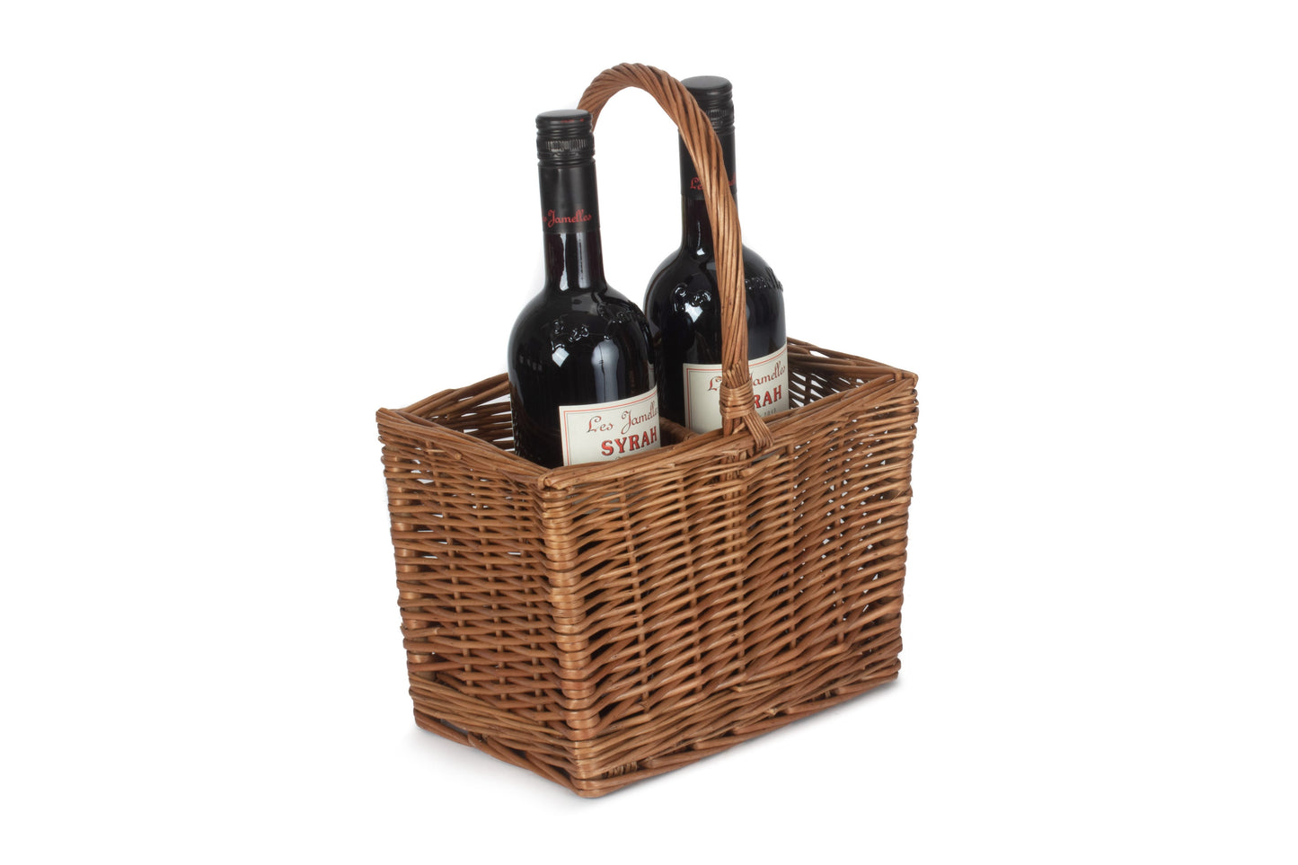 2 bottle willow wine carrier shown with two bottles, demonstrating the divided compartments and central carry handle.