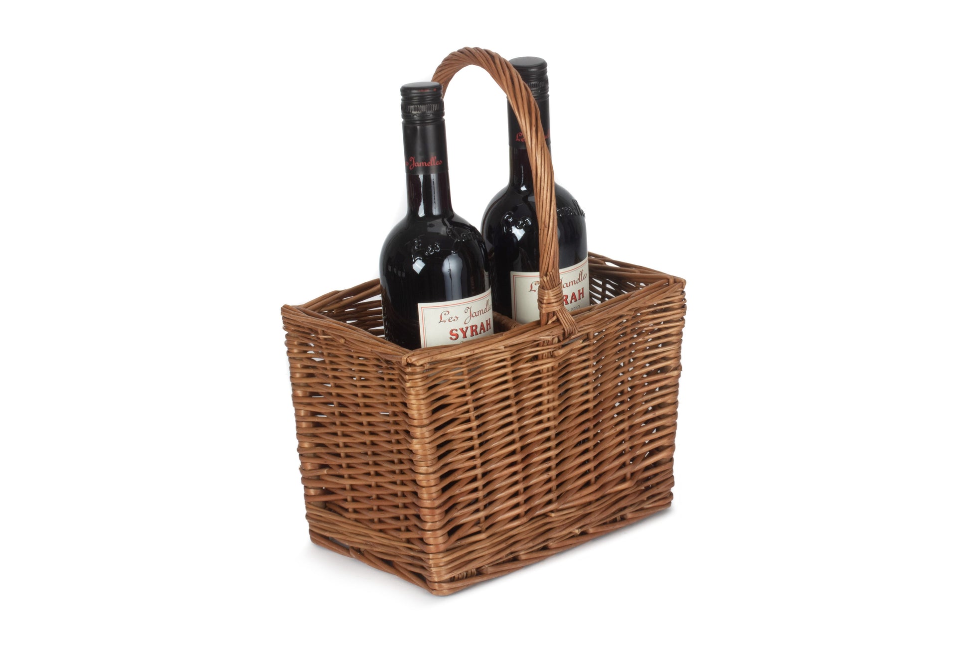 2 bottle willow wine carrier shown with two bottles, demonstrating the divided compartments and central carry handle.