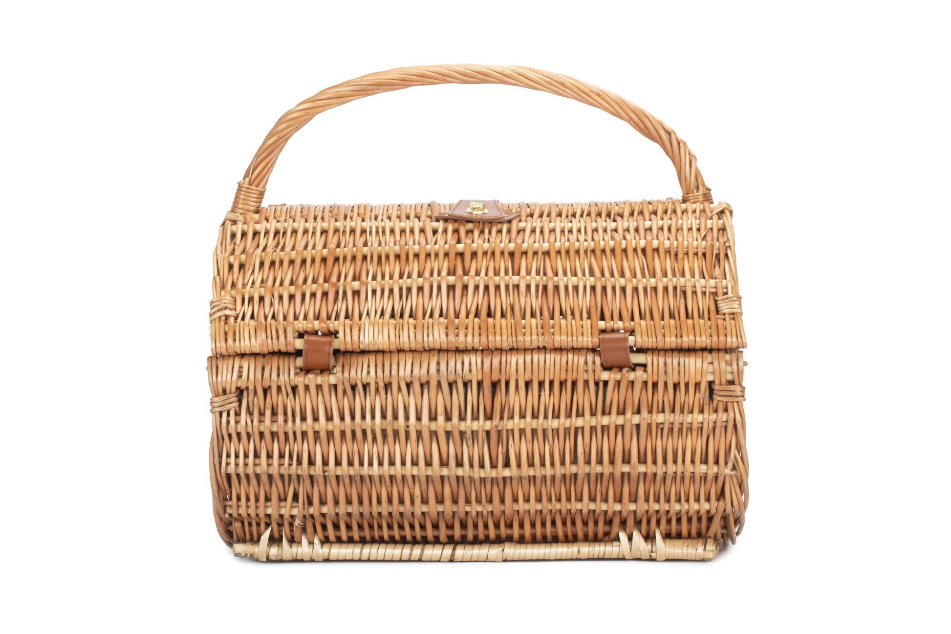 2 Person Ravenstor Barrel Picnic Hamper closed showing traditional woven willow construction, carry handle and leather fastening