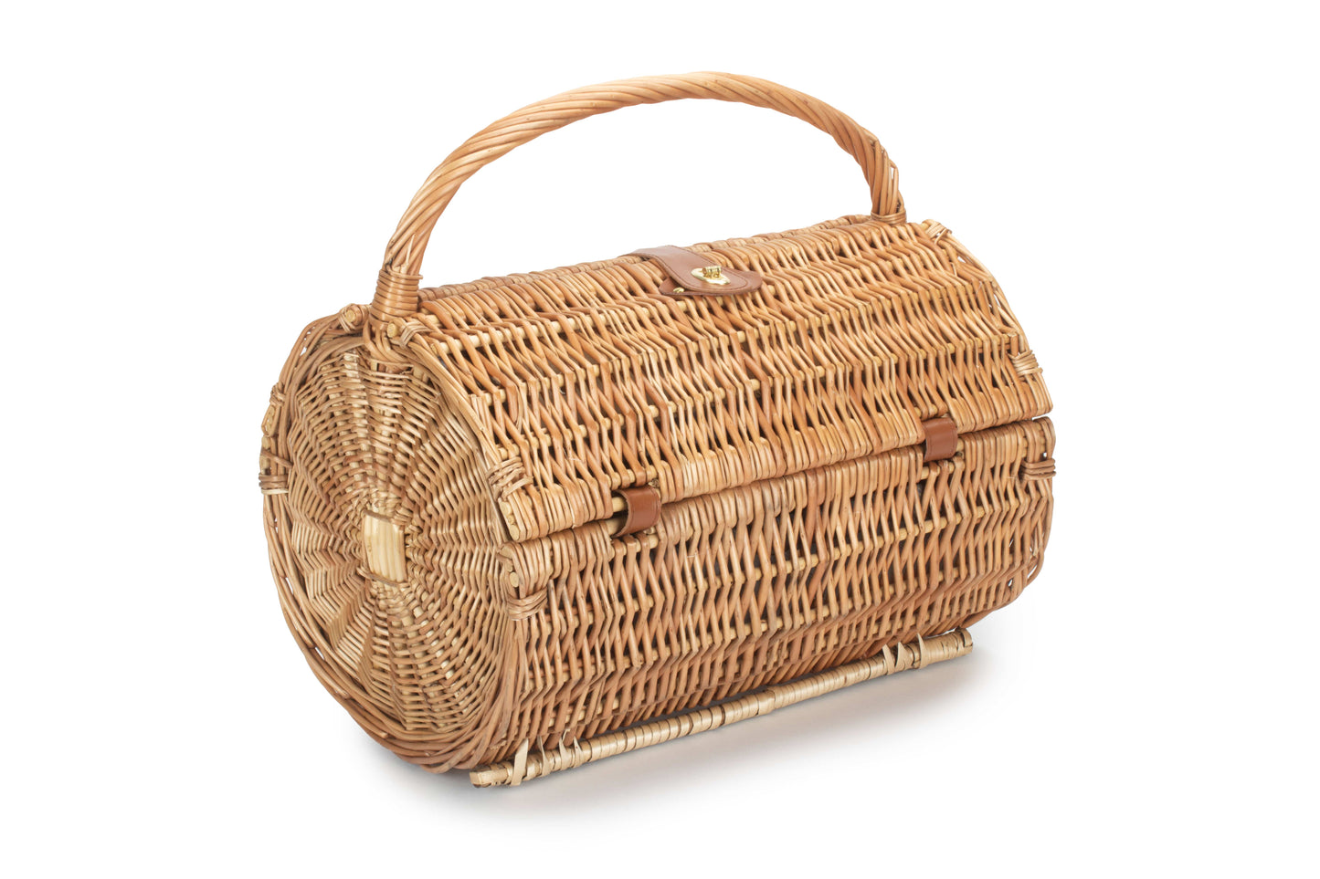 2 Person Ravenstor Barrel Picnic Hamper closed showing traditional woven willow construction, carry handle and leather fastening