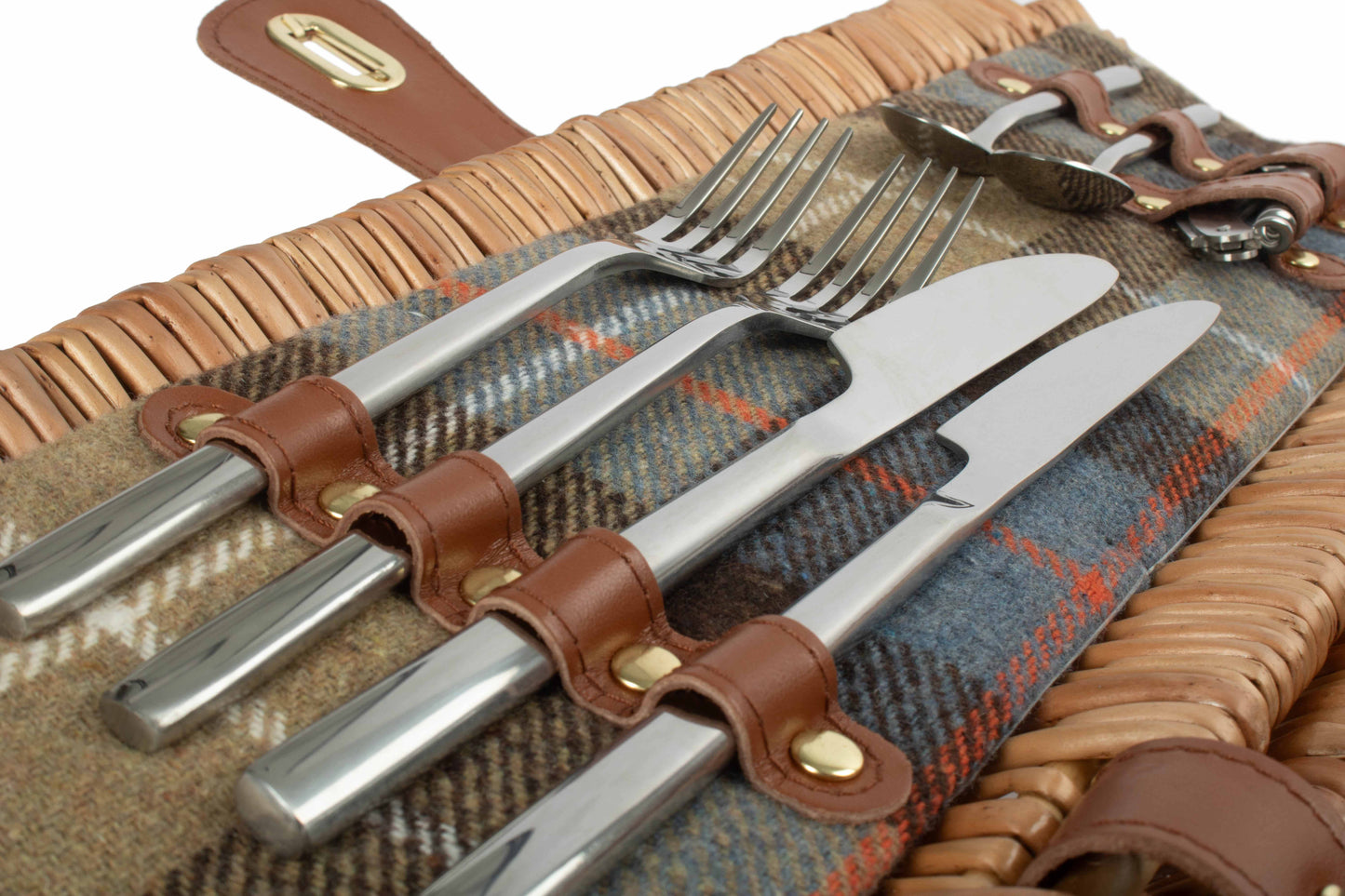 2 Person Ravenstor Barrel Picnic Hamper close-up showing stainless steel cutlery secured with leather fittings