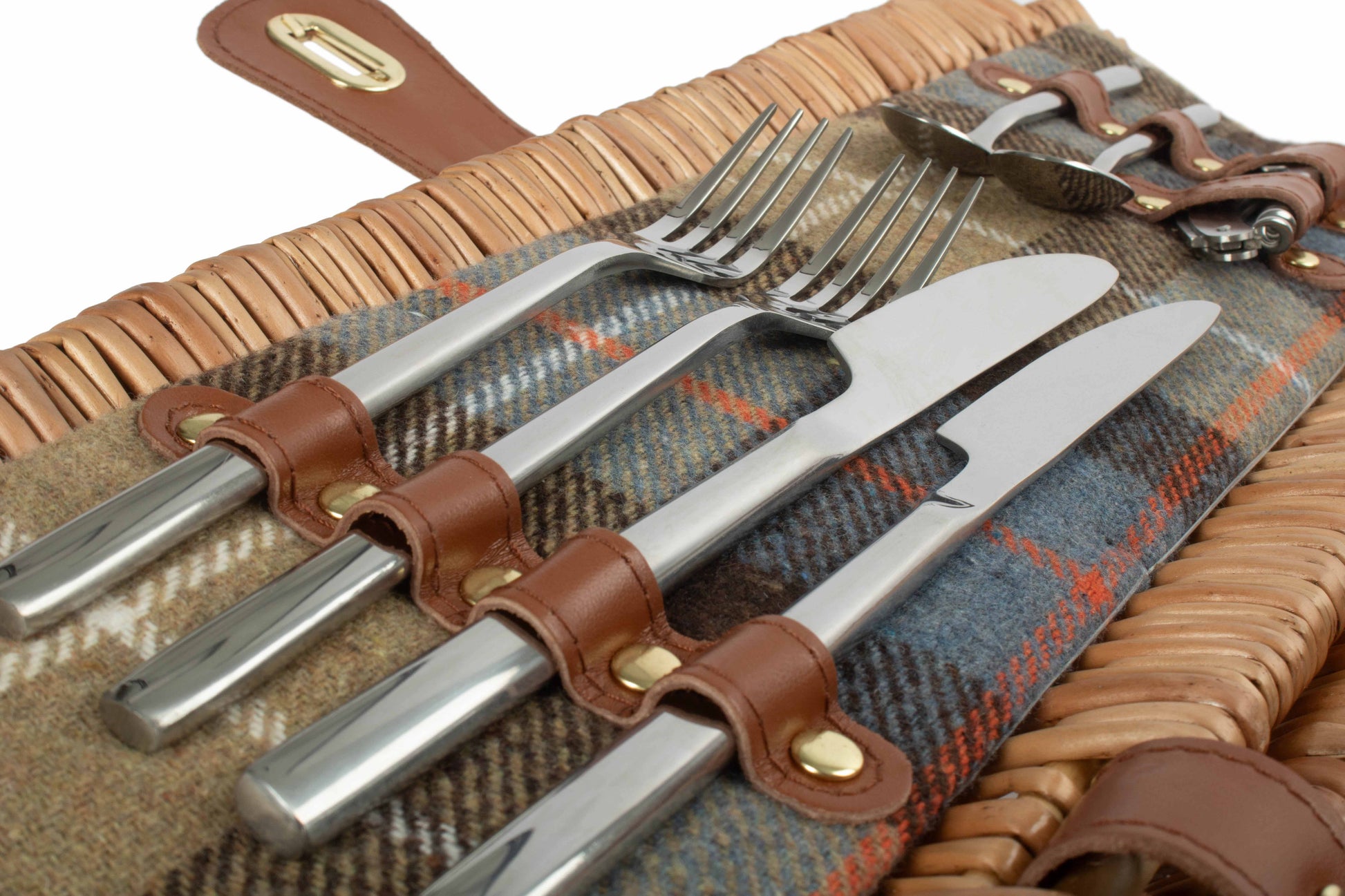 2 Person Ravenstor Barrel Picnic Hamper close-up showing stainless steel cutlery secured with leather fittings