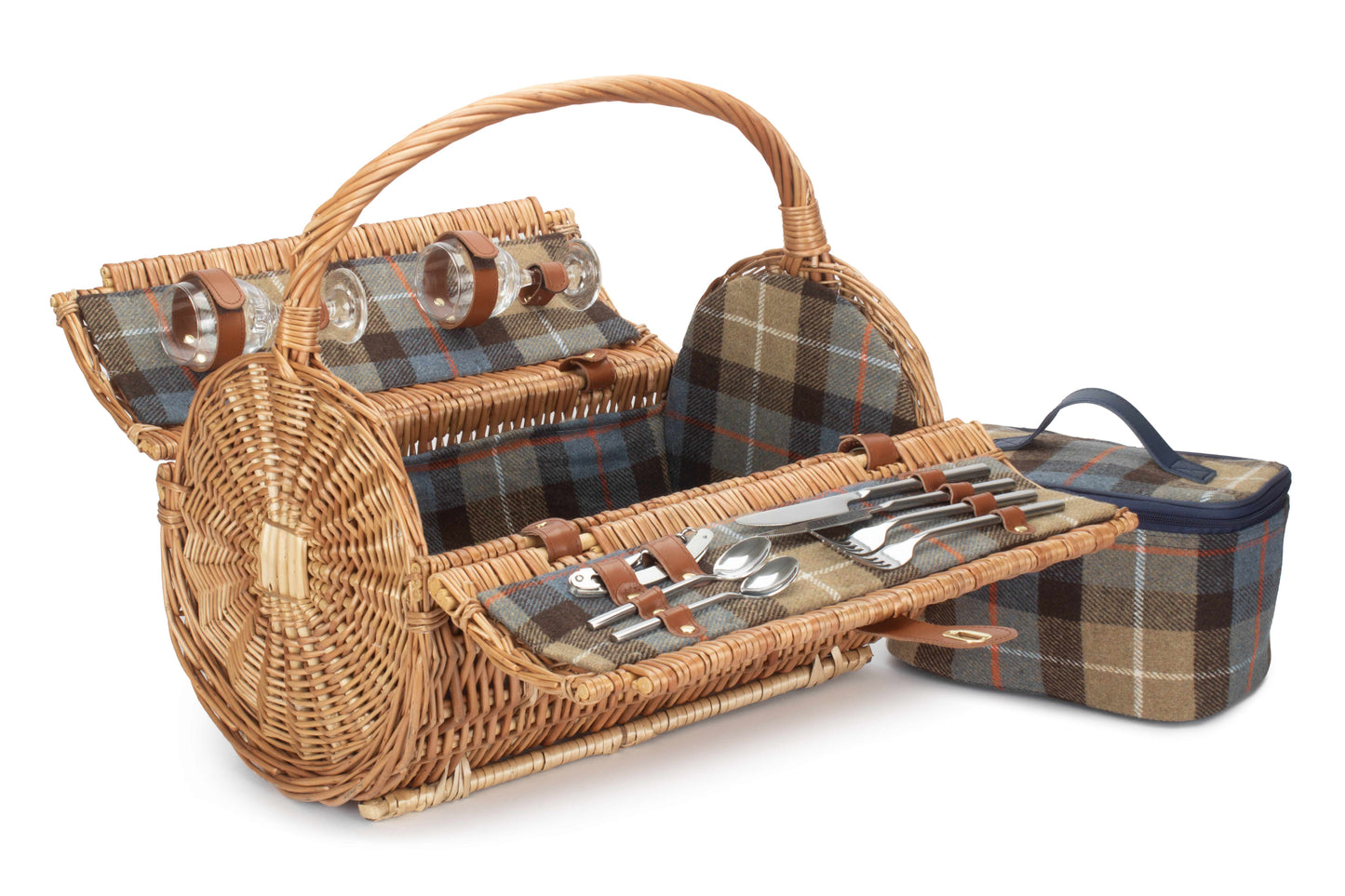 2 Person Ravenstor Barrel Picnic Hamper in willow with checked lining, cooler bag, plates, wine glasses and cutlery