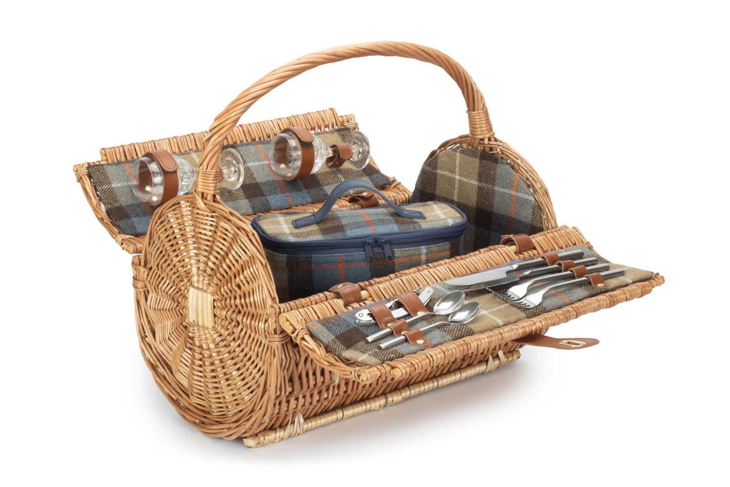 2 Person Ravenstor Barrel Picnic Hamper open to show checked interior, picnic accessories and removable insulated cooler bag