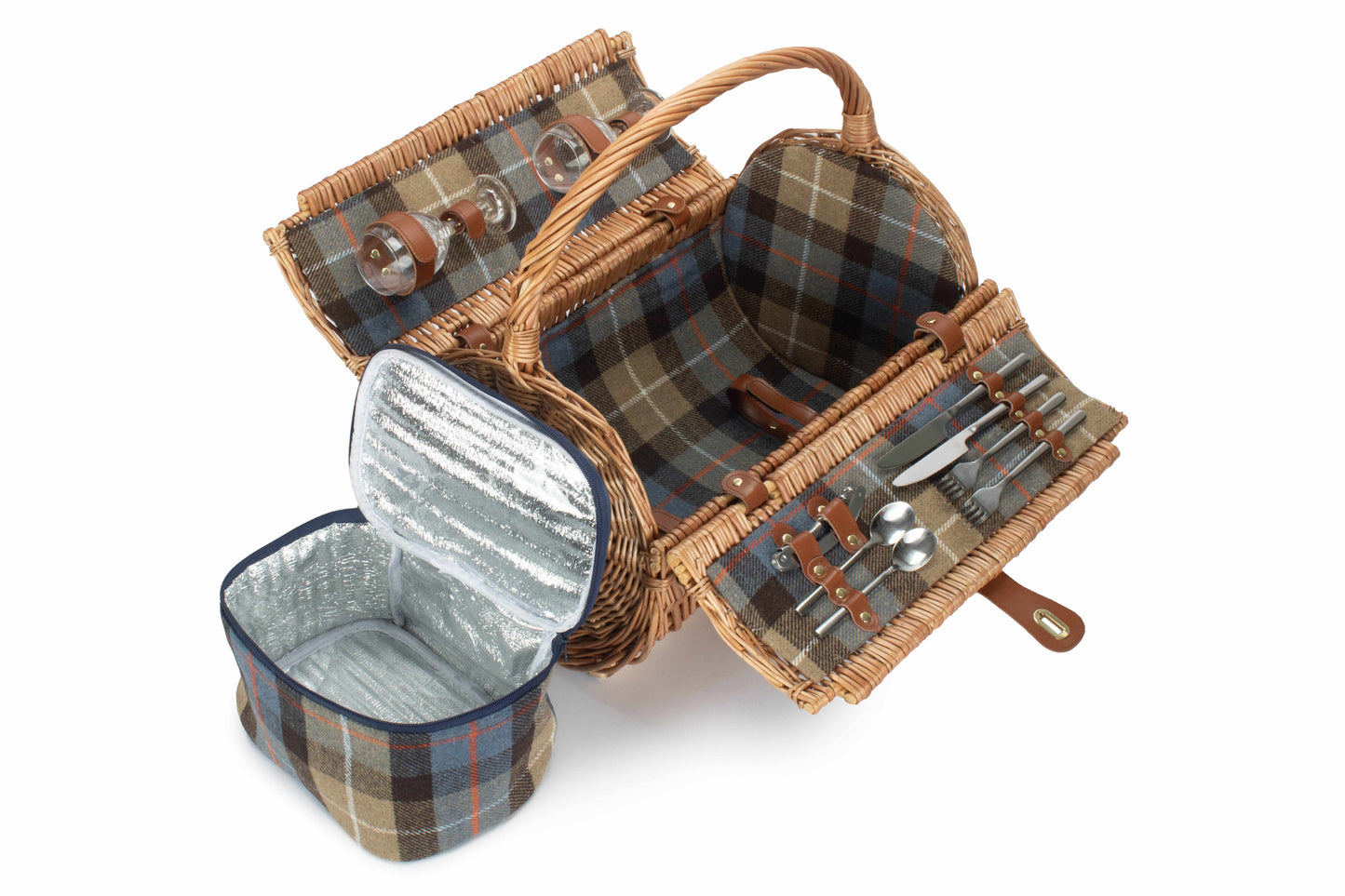 2 Person Ravenstor Barrel Picnic Hamper open to show checked interior, picnic accessories and removable insulated cooler bag