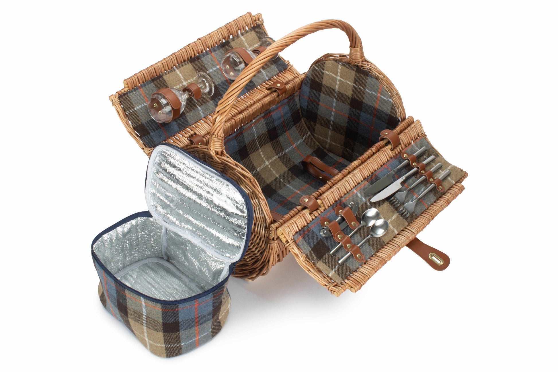 2 Person Ravenstor Barrel Picnic Hamper open to show checked interior, picnic accessories and removable insulated cooler bag