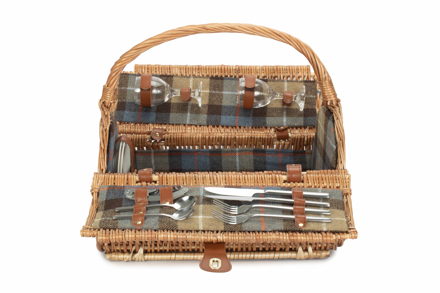 2 Person Ravenstor Barrel Picnic Hamper open to show checked interior and picnic accessories 