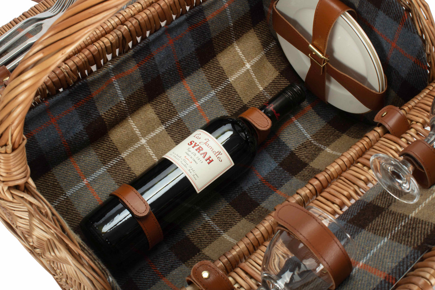 2 Person Ravenstor Barrel Picnic Hamper interior showing checked lining, wine bottle holder and secured plates