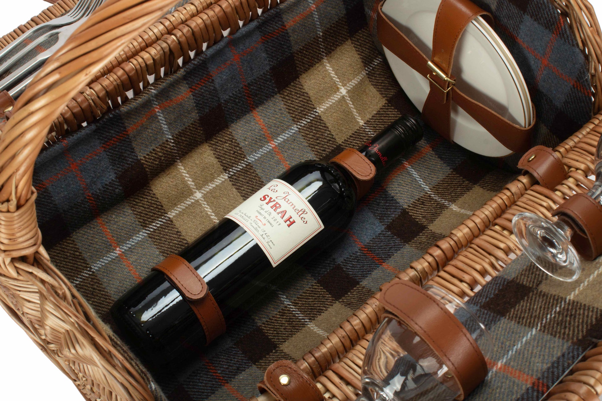 2 Person Ravenstor Barrel Picnic Hamper interior showing checked lining, wine bottle holder and secured plates