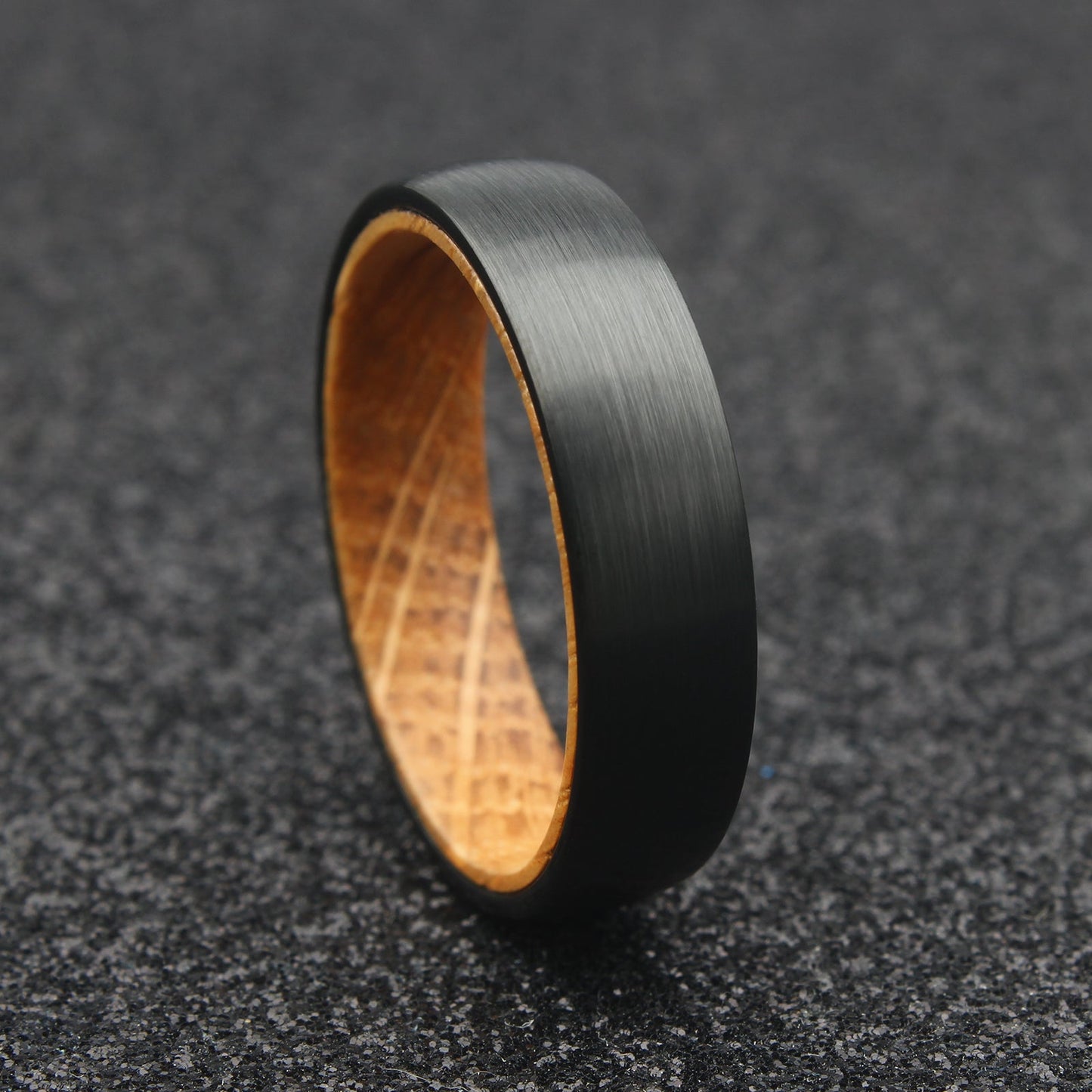 The Hercules - 6mm Brushed Black Tungsten & Whisky Barrel Wood Ring by Nord London