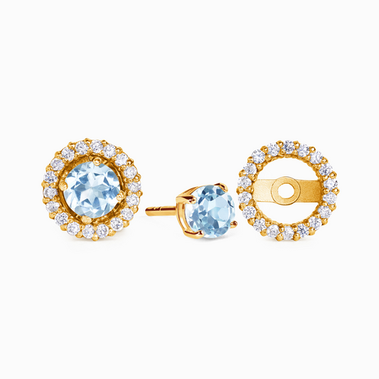 Blue Topaz Halo Stud Earrings with Jackets in 18k Gold Vermeil by Vianne Jewellery