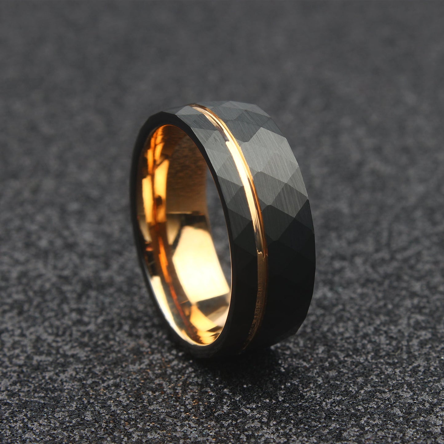 The Scorpius - 8mm Hammered Brushed Black Tungsten & Rose Gold Ring by Nord London