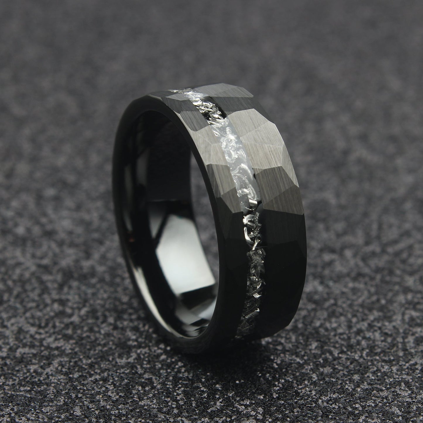 The Altair - 8mm Black Brushed Tungsten & Meteorite Inlay Ring by Nord London