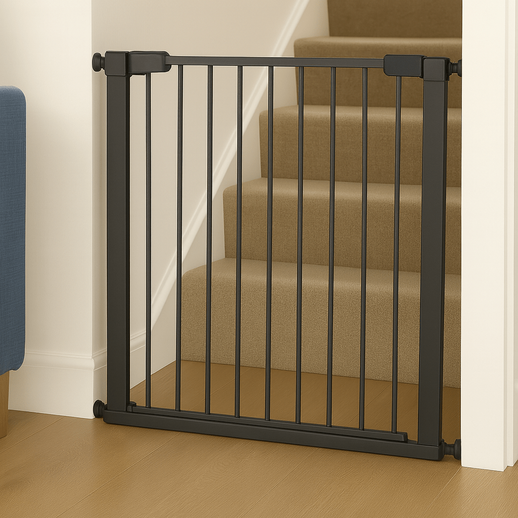 Grey metal gate in front of a staircase