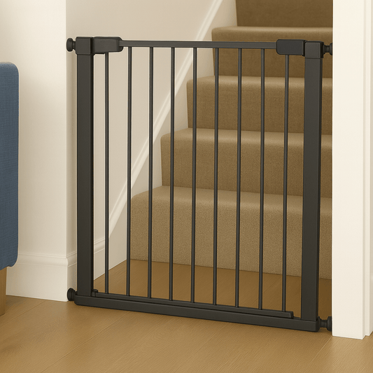 Grey metal gate in front of a staircase