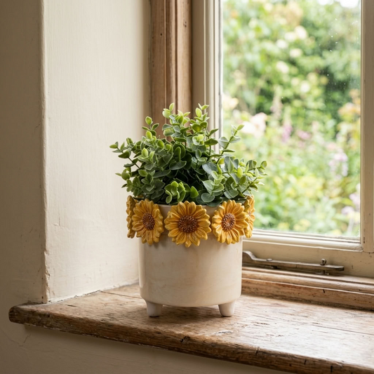 3D Sunflower Plant Pot with green foliage styled on a wooden windowsill in an English country cottage