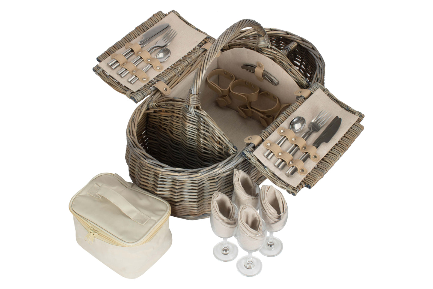 4 Person Boat Picnic Hamper with both willow lids open showing fitted picnic accessories