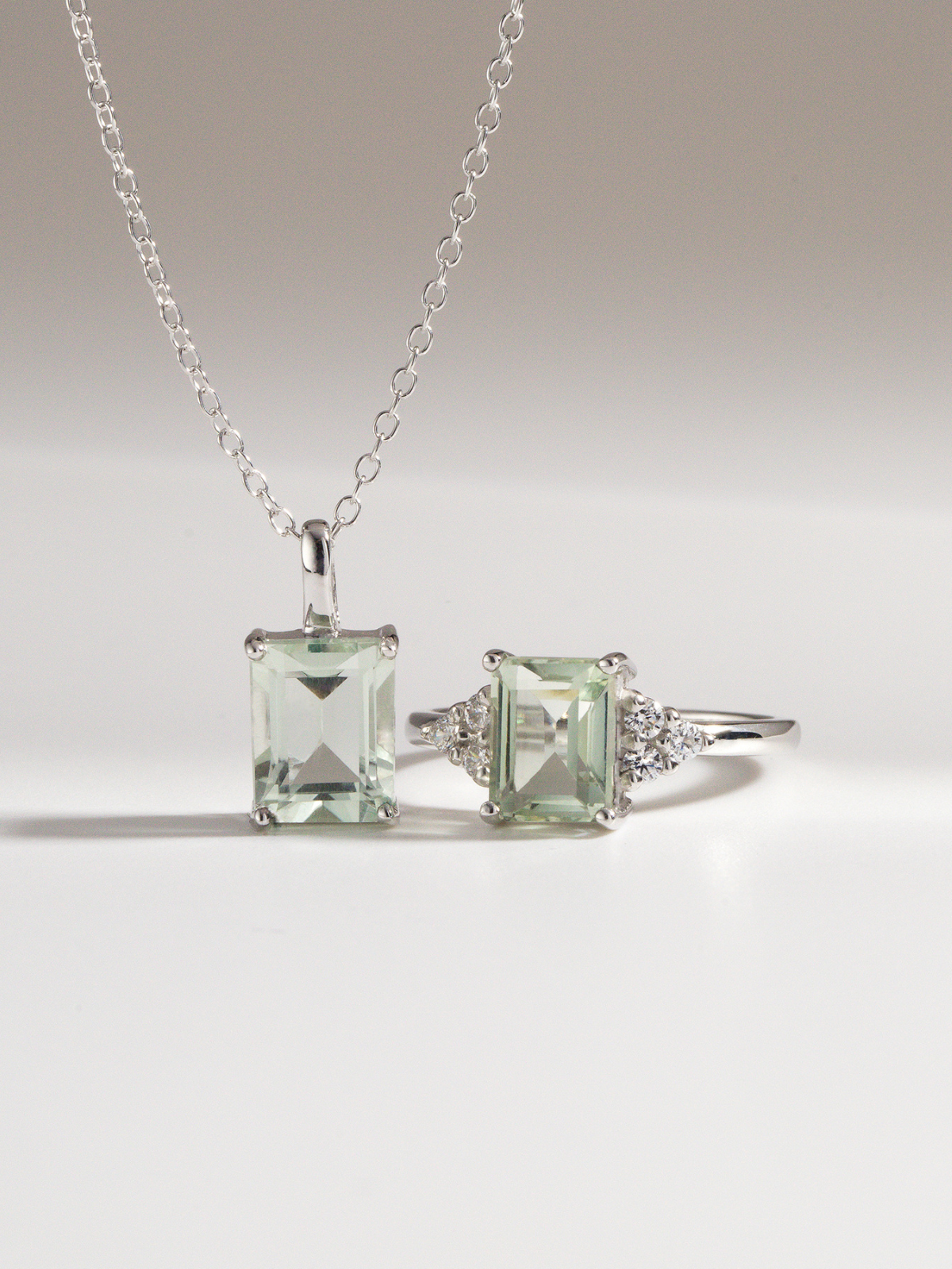 Green Amethyst Emerald Cut Pendant Necklace in Sterling Silver by Vianne Jewellery