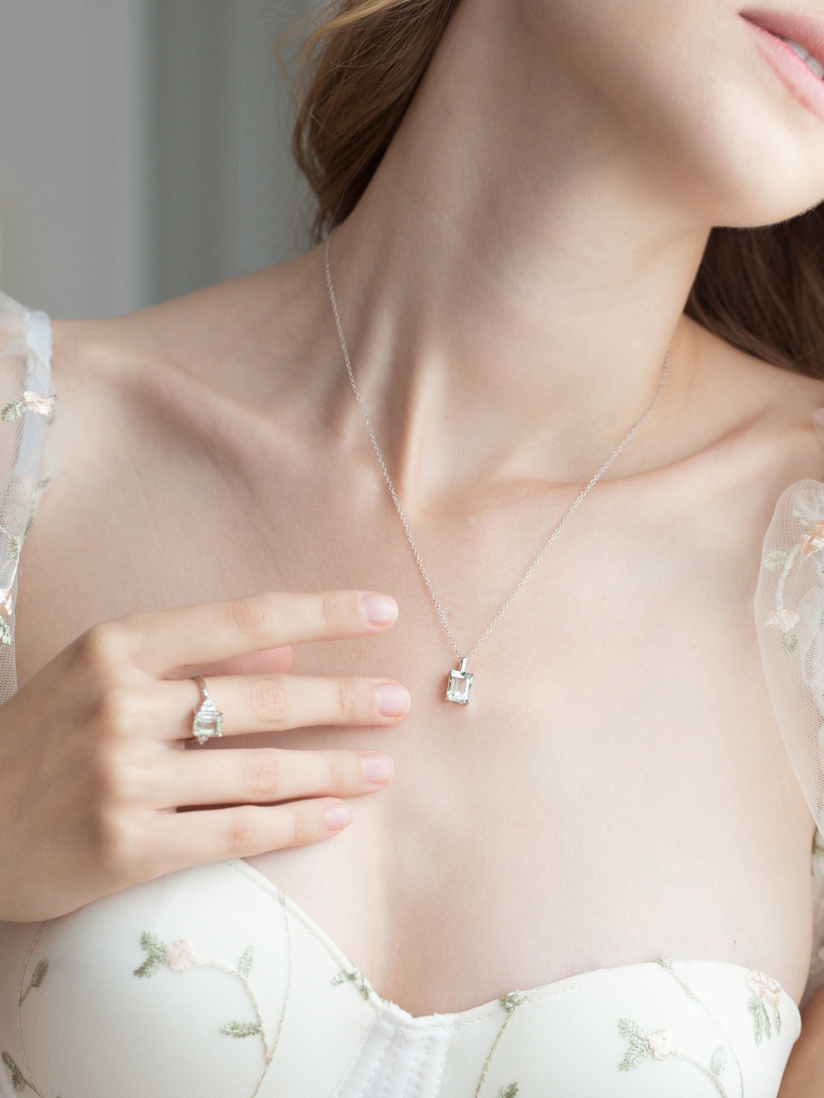 Green Amethyst Emerald Cut Pendant Necklace in Sterling Silver by Vianne Jewellery