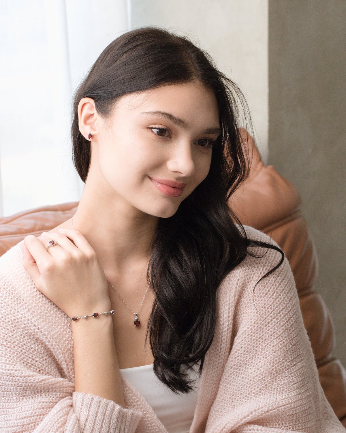 Garnet Oval Stud Earrings in Sterling Silver by Vianne Jewellery