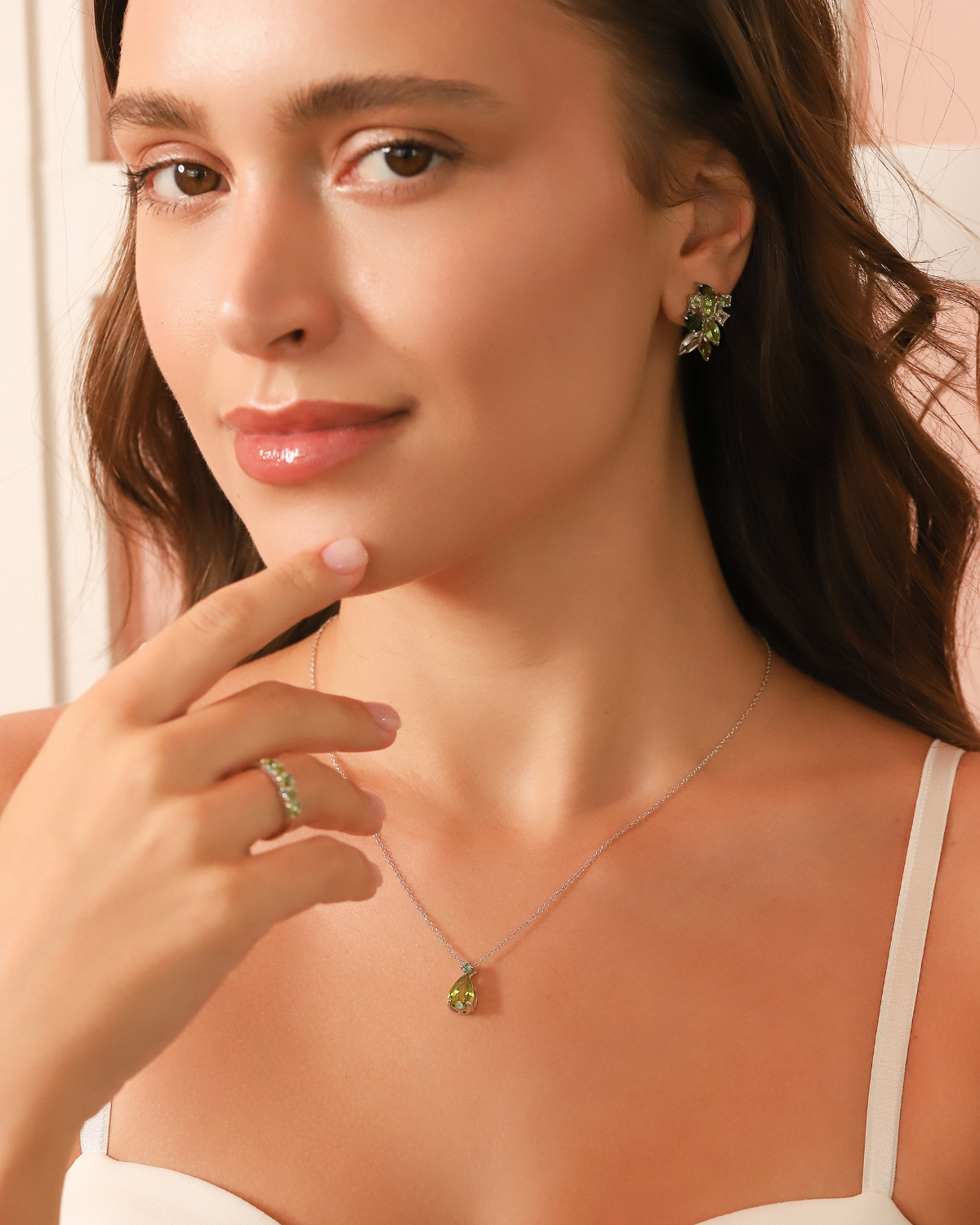 Emerald & Peridot Pear Cut Pendant Necklace in Sterling Silver by Vianne Jewellery